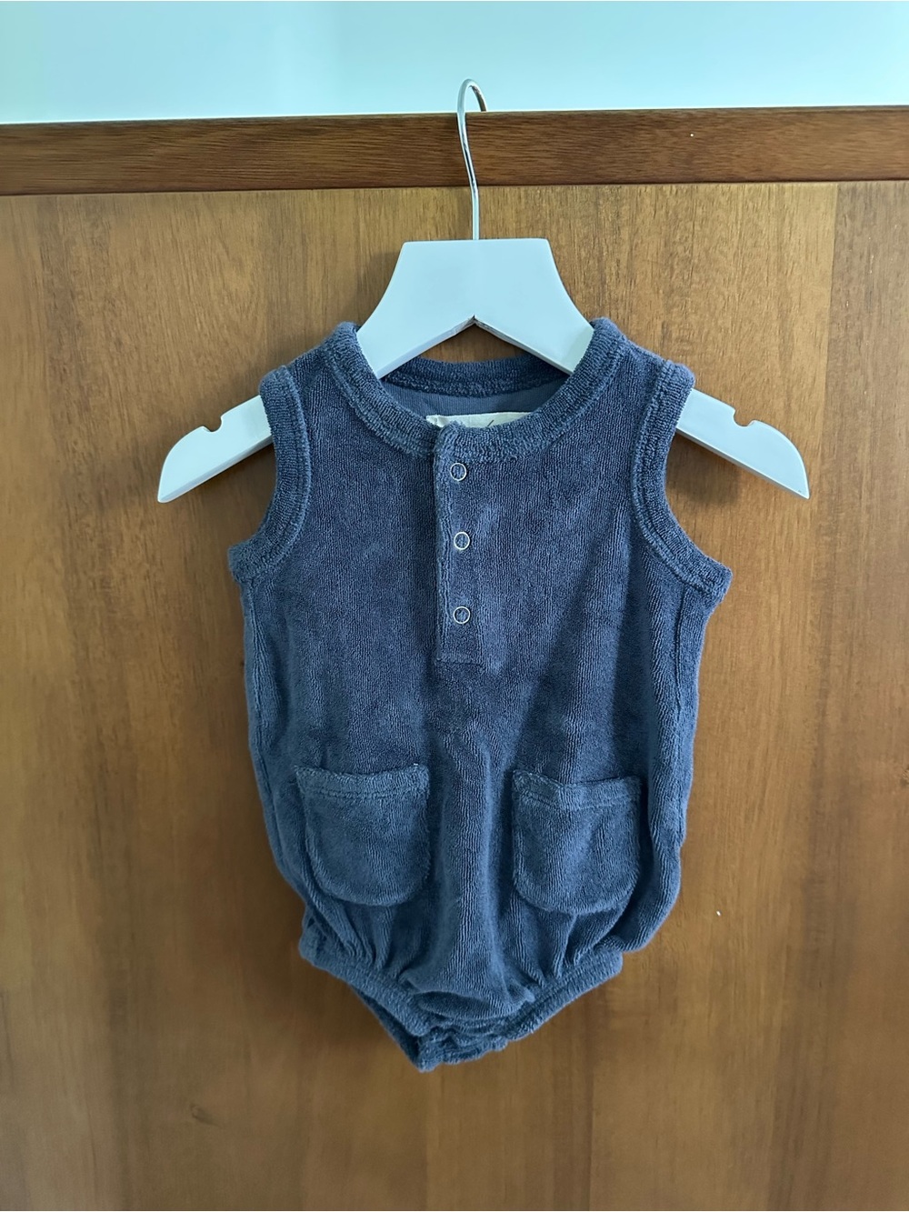 Pehr Navy Terry Baby Romper with Front Pockets
